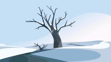 Tree on the hill in winter season. vector