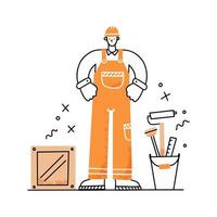 Worker man with tools and special clothes. Vector illustration.