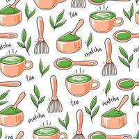 Seamless pattern of hand drawn matcha tea elements. vector