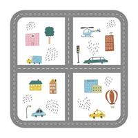 Kids city map of transport and road. Vector illustration.