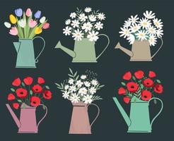 Set of floral bouquets in watering cans vector design