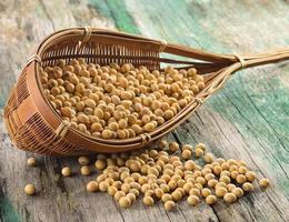 Soy beans in a basket on wooden photo