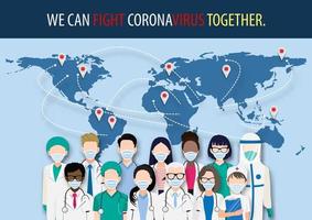 Medical staff around the world standing fighting for Covid-19 vector