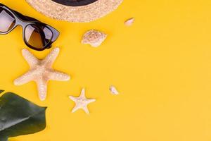 Glasses and hat with shells and sea stars on a colored background photo