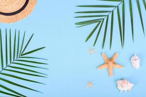 Glasses and hat with shells and sea stars on a colored background photo