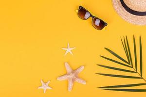 Glasses and hat with shells and sea stars on a colored background photo