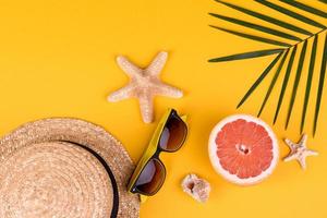 Beach accessories with shells and sea stars on a colored background photo