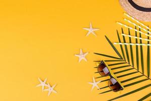 Beach accessories with shells and sea stars on a colored background photo