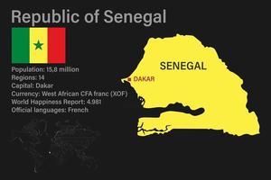 Mapa de senegal muy detallado con bandera, capital y pequeño mapa del mundo vector