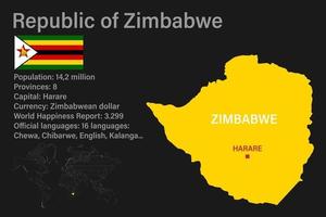 mapa de zimbabwe muy detallado con bandera, capital y pequeño mapa del mundo vector