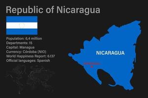 mapa de nicaragua muy detallado con bandera, capital y pequeño mapa del mundo vector