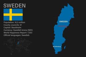 Highly detailed Sweden map with flag, capital and small map of the world vector