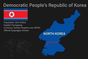 mapa muy detallado de corea del norte con bandera, capital y pequeño mapa del mundo vector