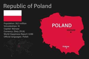 mapa de polonia muy detallado con bandera, capital y pequeño mapa del mundo vector