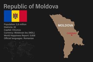 Mapa de Moldavia muy detallado con bandera, capital y mapa pequeño del mundo vector