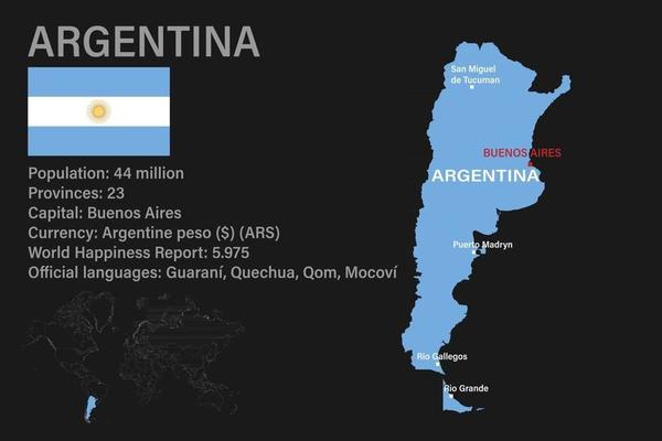 ighly detailed Argentina map with flag, capital and small map of the world