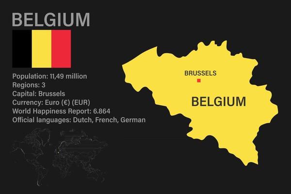 Highly detailed Belgium map with flag, capital and small map of the world