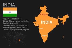 Highly detailed India map with flag, capital and small map of the world vector