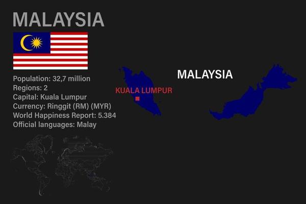 Highly detailed Malaysia map with flag, capital and small map of the world