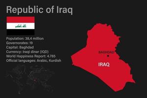 mapa de irak muy detallado con bandera, capital y pequeño mapa del mundo vector