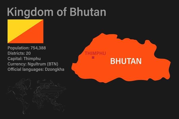 Highly detailed Bhutan map with flag, capital and small map of the world