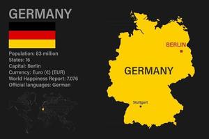 mapa de alemania muy detallado con bandera, capital y pequeño mapa del mundo vector