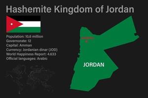 mapa de jordania muy detallado con bandera, capital y pequeño mapa del mundo vector