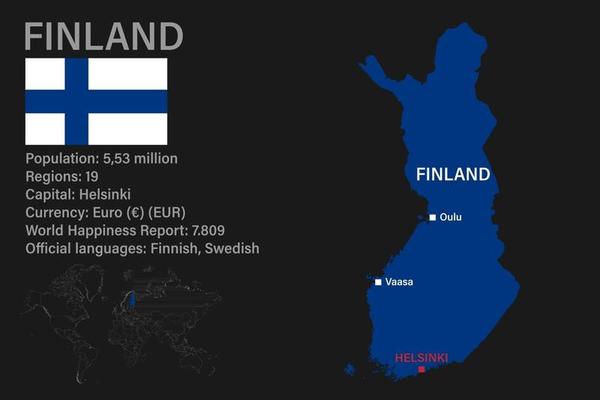 Highly detailed Finland map with flag, capital and small map of the world