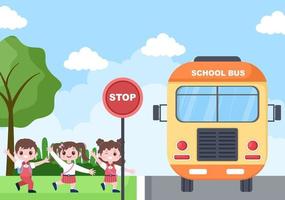 Back To School, Modern Building and Bus in the Front Yard vector