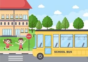 Back To School, Modern Building and Bus in the Front Yard vector