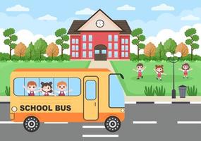 Back To School, Modern Building and Bus in the Front Yard vector