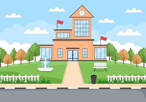 Back To School, Modern Building and View Front Yard With Green Grass vector