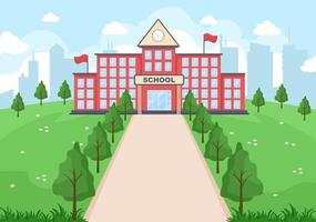 Back To School, Modern Building and View Front Yard With Green Grass vector