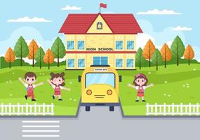 Back To School, Modern Building and Bus in the Front Yard vector