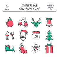 Christmas and New Year icons made in modern line style. Colored vector christmas symbols.