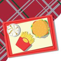 Fast food lying on a tray, checkered tablecloth - Vector