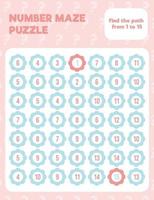 Math number maze puzzle. Prinatble math worksheet page. vector