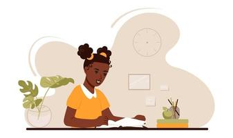 An African American schoolgirl reading a book and doing homework vector