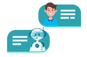 Chat bot concept. A man is chatting with a cute smiling robot vector