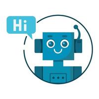 Smiling cute robot chat bot with speech bubble. Support service vector