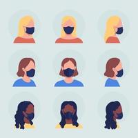 diferentes mujeres en máscara de color semi plano conjunto de avatar de carácter vectorial vector