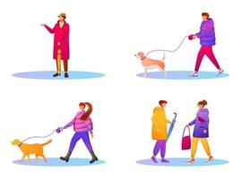 Walking people in gradient coats flat color faceless characters set vector