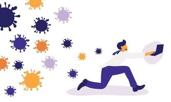 Young businessman escaping from the virus while working vector