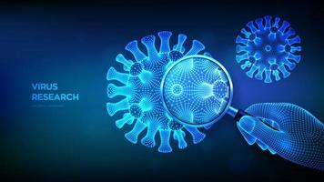 Virus research concept with magnifier in wireframe hand and abstract vector