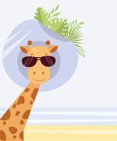 jirafa divertida con gafas de sol y un sombrero en la playa en estilo de dibujos animados vector