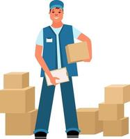 Trabajador de almacén en uniforme de trabajo con cajas vector