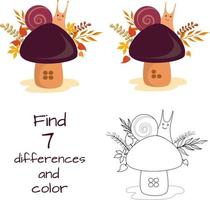 snail on a mushroom, find 7 differences and paint a picture vector