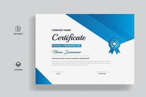 Plantilla de certificado de estilo elegante con insignia, forma moderna de color azul vector
