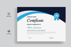 Plantilla de certificado con insignia de lujo y forma moderna de color azul. vector