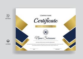 certificado de reconocimiento plantilla color azul y dorado vector